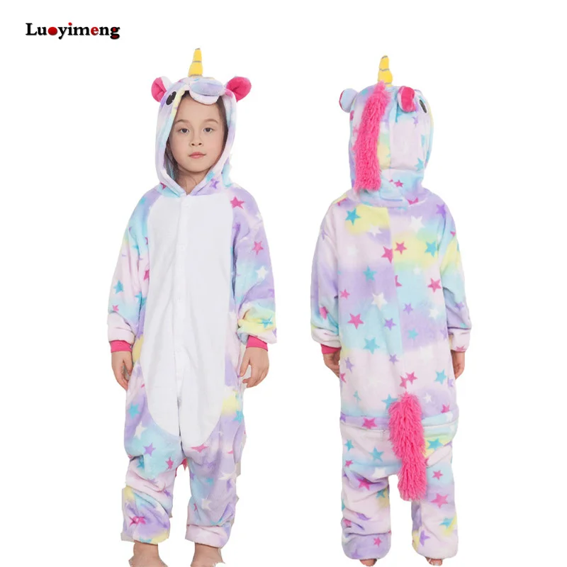 Boys Girls Flannel Star Unicorn Pajamas Kigurumi Overalls Jumpsuit Kids ...