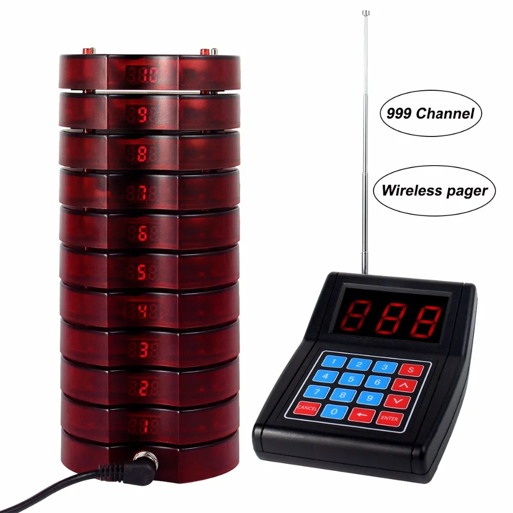 999 Channel Restaurant Pager Wireless Paging Queuing Calling System 1 Transmitter 10 Coaster Pagers Restaurant Equipments