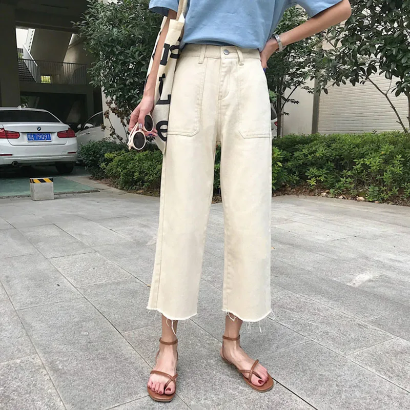 

Women trousers Fall Korean Vintage Casual Cotton Ankle Length Straight Beige roupas femininas harajuku streetwear Wide leg Pants
