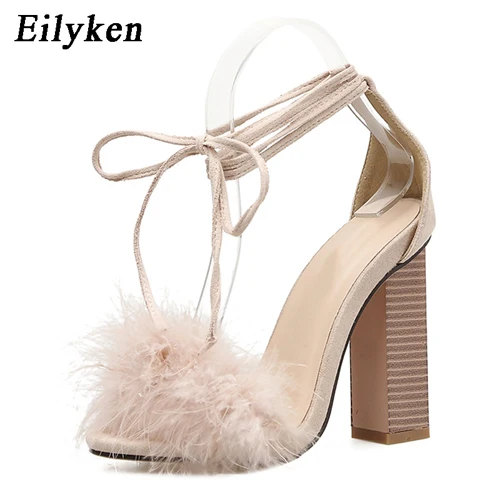 Eilyken женские босоножки; летние туфли на высоком каблуке; пикантные вечерние сандалии-гладиаторы на квадратном каблуке с ремешком на щиколотке; Размеры 35-40 - Цвет: apricot