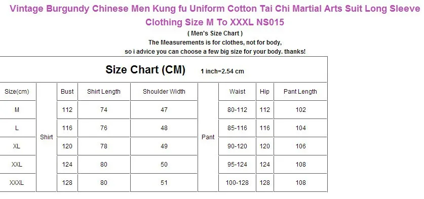 Винтаж бордовый китайский Для мужчин Кунг Фу форма хлопок Тай Чи Ву костюм для у-шу с длинным рукавом Костюмы Размеры m-xxxl NS015