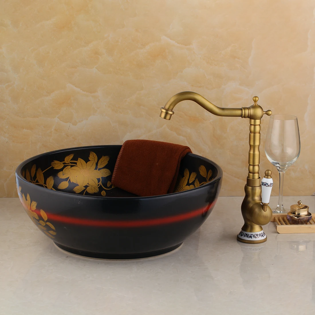 YANKSMART керамический стеклянный умывальник, никелевый смеситель для раковины с античной латунной ванной кран лист шаблон Счетчик Топ мытья раковины-чаши для ванной комнаты