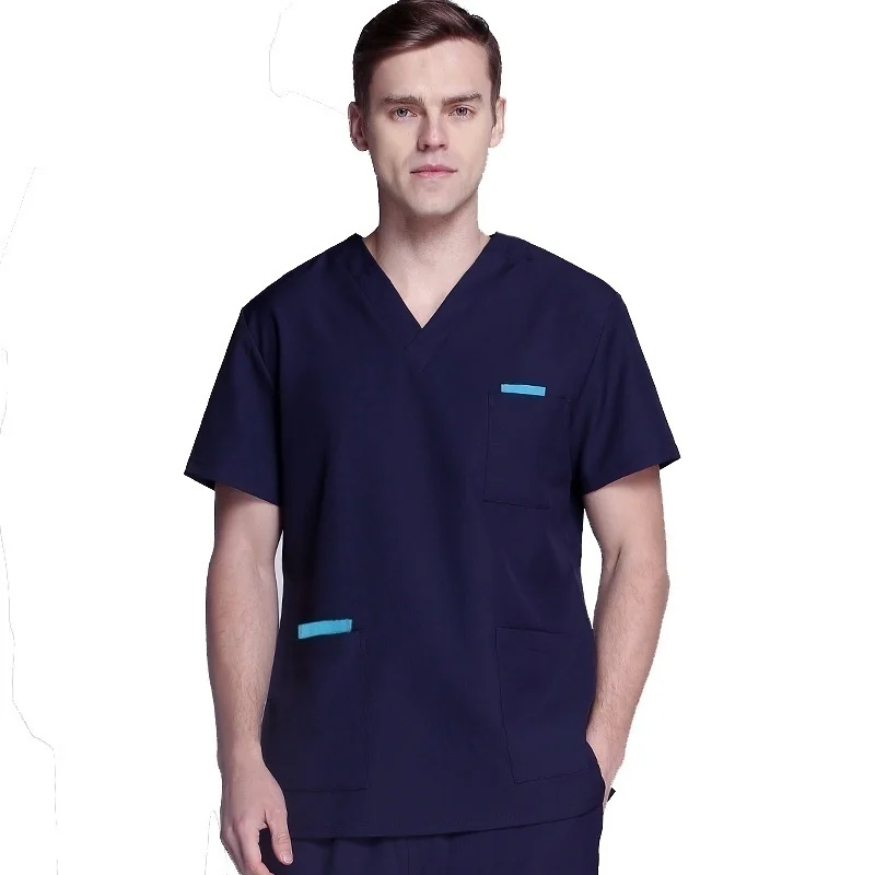 Men's Fashion Medical Clothing Pure Cotton V-neck Top with 5 Pockets + Elastic Waist and Drawstring Pants