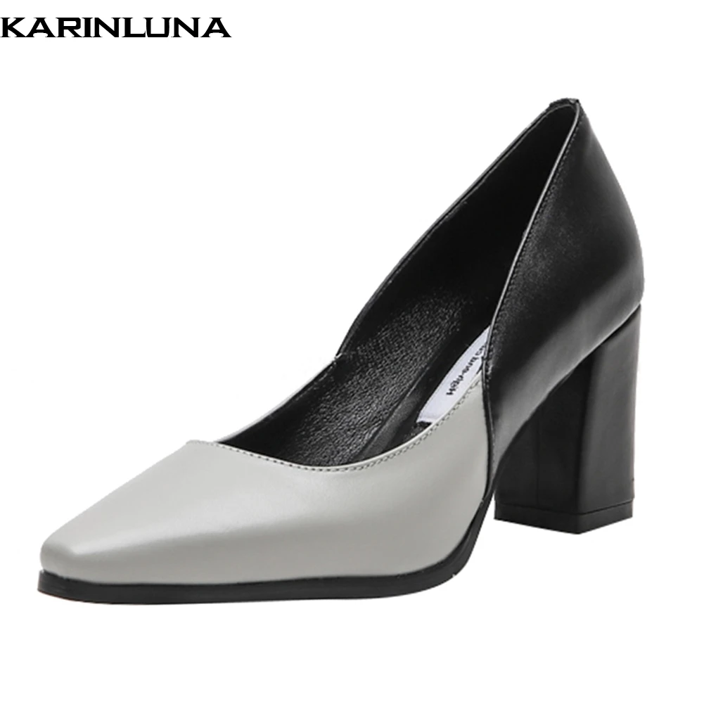

Karinluna fashion Plus Size 32-43 Cow Leather party pumps women shoes slip on chunky high heels shoes woman pumps