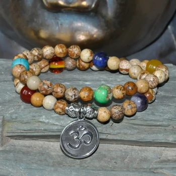 

SN0197 54 Mala beads mala healing bracelet Picture Stone OM yoga bracelet for men