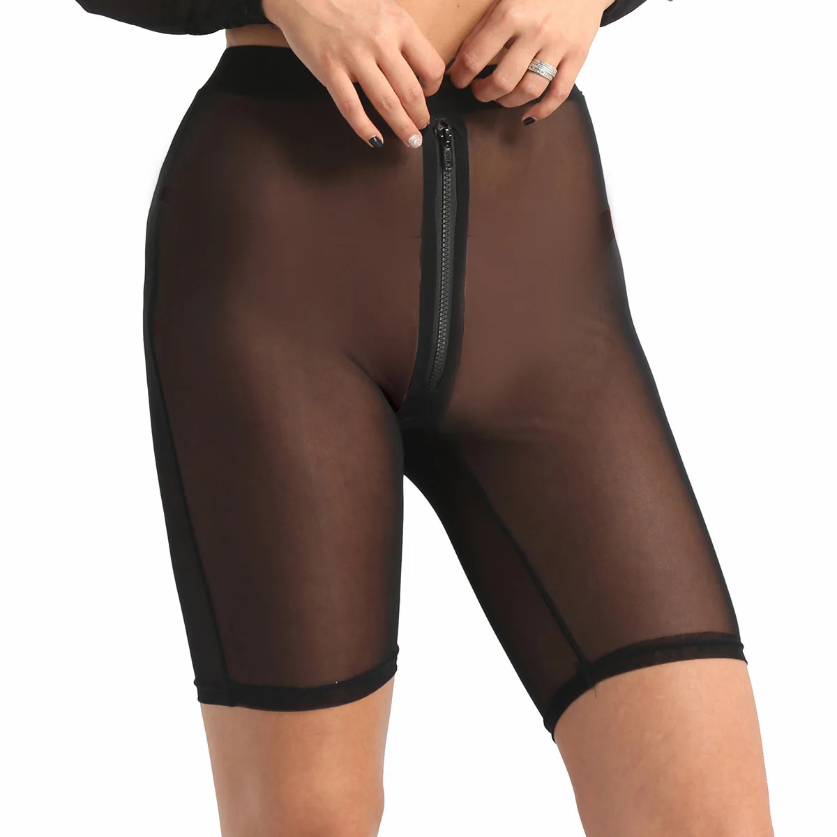 Женское Сексуальное белье танцевальные рейвы брюки экзотические леггинсы с высокой талией молния прозрачные Легинсы из сетчатой ткани половина брюки Одежда для ночного клуба - Цвет: Black