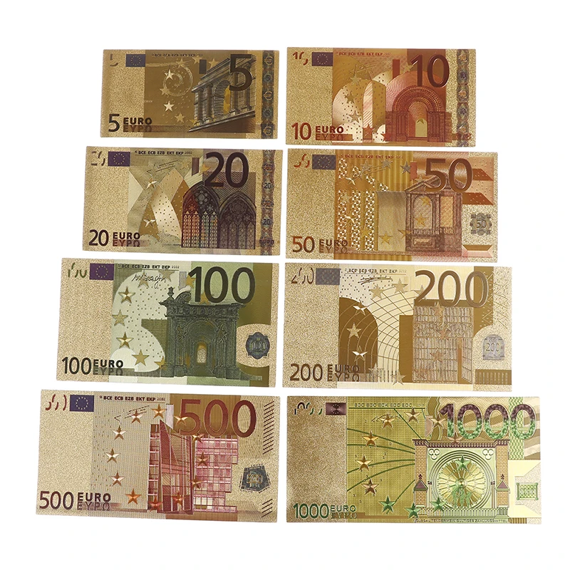 

Colorful paper money crafts Banknote Euro Gold Plated Paper Money 8 Pcs Set Banknote Worth Collection Hot Sale