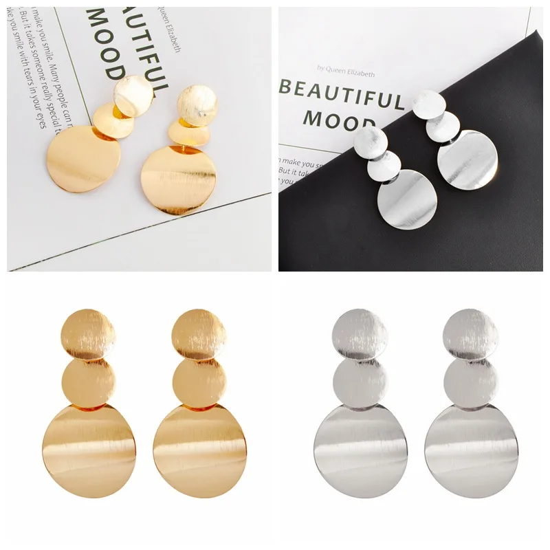 

2019 1 pair of stylish geometric multi-layer small round earrings retro exaggerated pendant earrings gold and silver