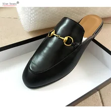 

blue beans semi slippers genuine leather ladies slippers casual tide go out mules outside Wolf head bee flat slippers Slacker