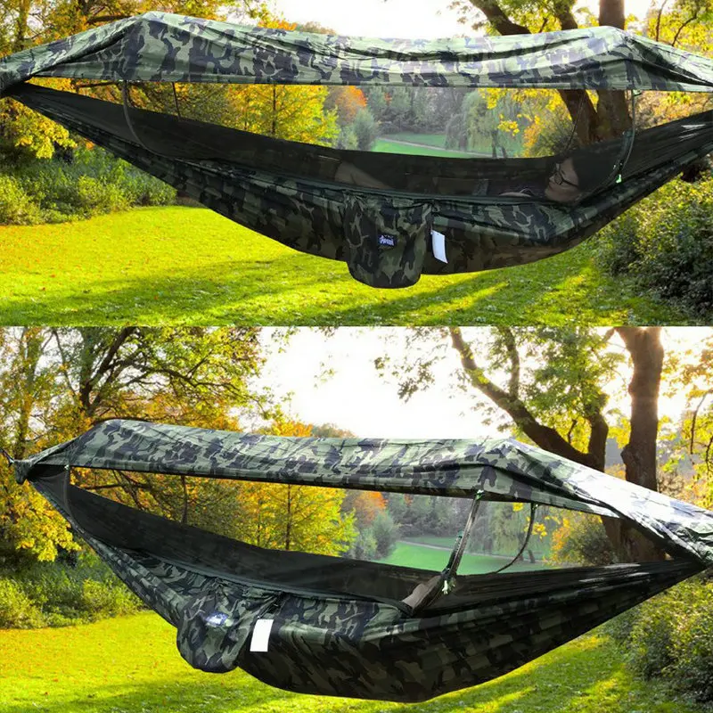 

1-2 Person Portable Outdoor Camping Hammock with Awning Mosquito Net High Strength Parachute Fabric Hanging Bed Hunting Swing