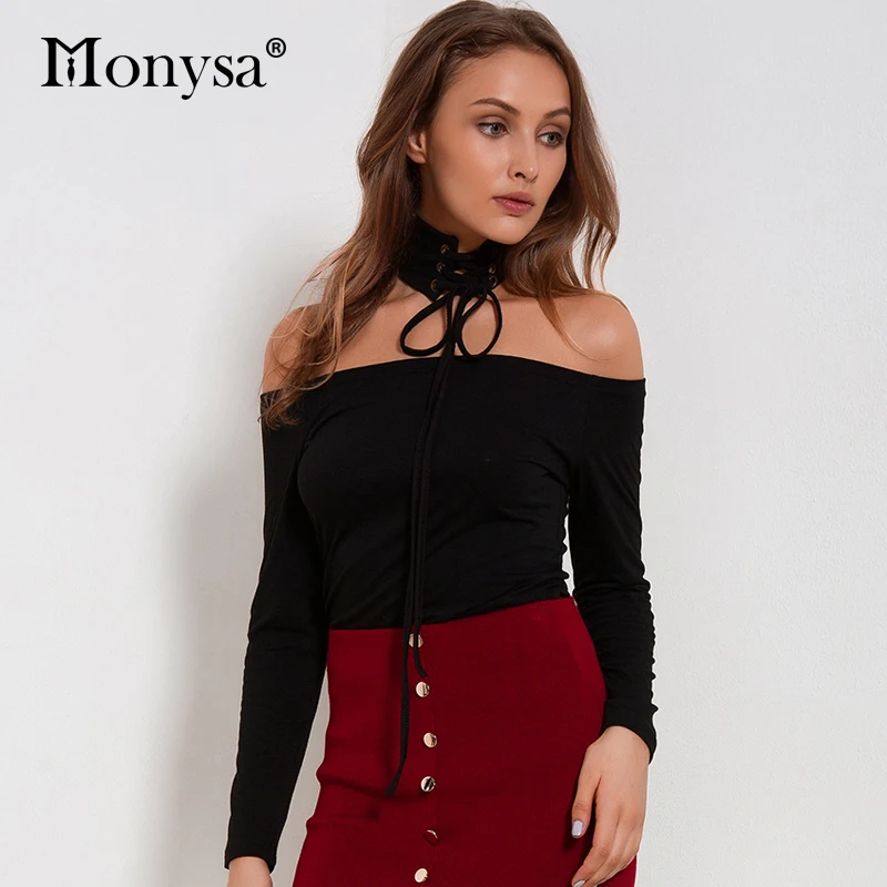 Black T Shirt Women Autumn 2017 New Arrivals Fashion Slash Neck Long Sleeve Lace Up Tops Female Off Shoulder T Shirts Streetwear