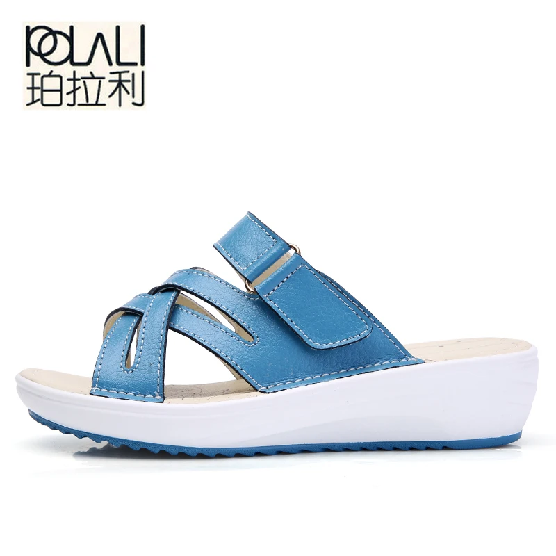 POLALI women sandals Shoes Leather flat Sandals Low Heel Wedges Summer women Open Toe Platform Sandalias ladies  sandals
