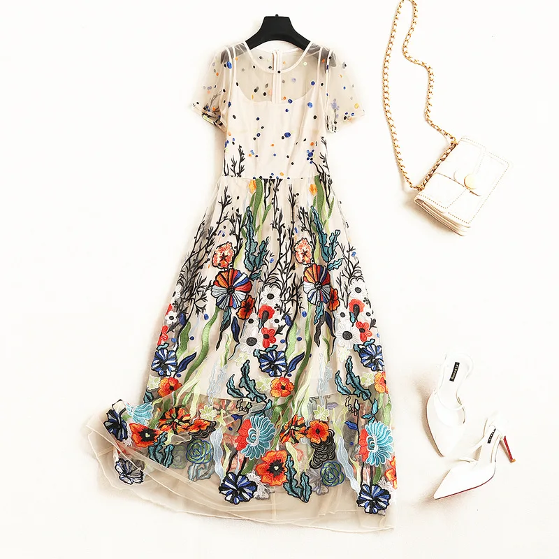 

Woman's clothes 2019 New Women's Short Sleeve Suspender with Round Neck Medium and Long Flower Embroidered Mesh Yarn Dress