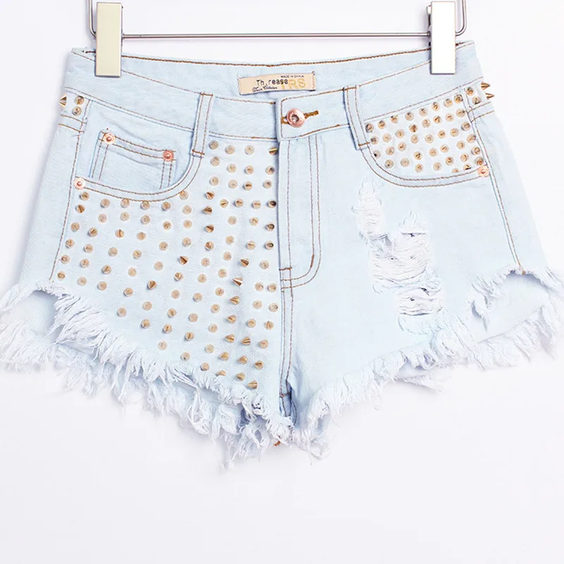 2019 women clothing high waist Rivet hole washed cotton