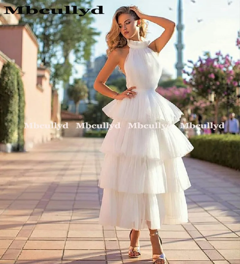 Mbcullyd старинные c высоким горлом короткие платья для выпускного вечера тонкая длиной до лодыжки розовые белые вечерние платья для женщин robe de soiree - Цвет: Белый