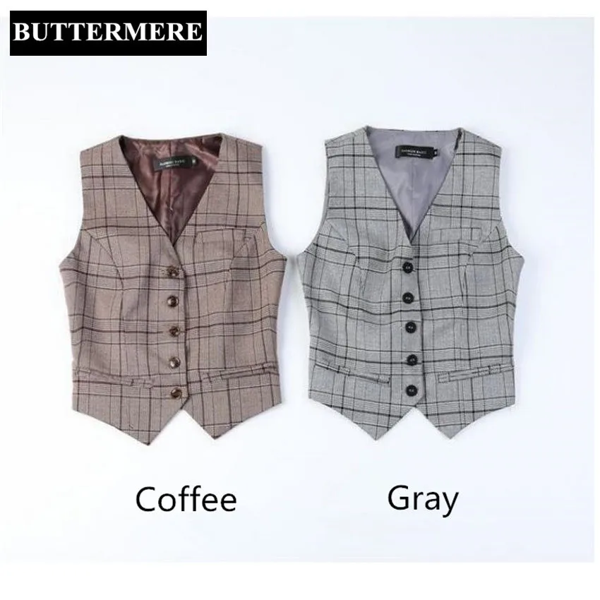 Women'S Vest Suit Ladies Plaid Vest Working Styles Coffee Spring Waistcoat Fashion V Neck Chalecos Mujer Short Gilet Femme
