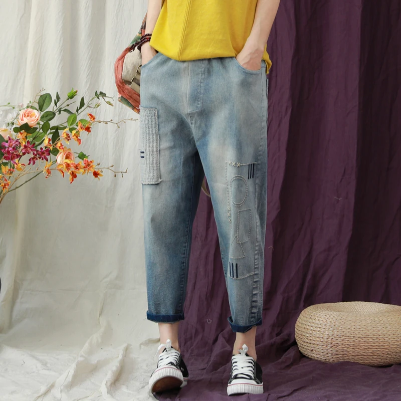 

Women High Waist Boyfriend Jeans For Women Mom Jeans 2019 New Spring Summer Blue Embroidery Harem Denim Pant Capris