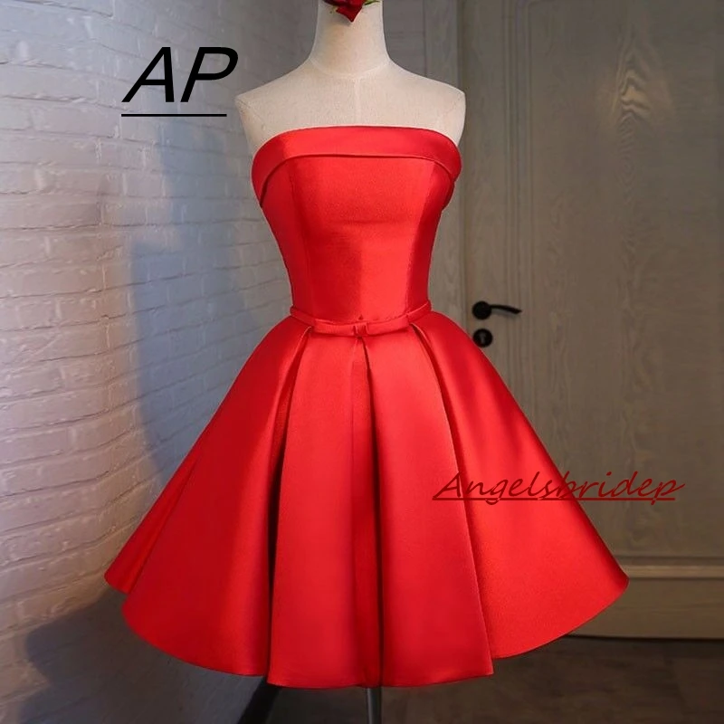 

ANGELSBRIDEP Strapless Red Mini/Short Homecoming Dress Sexy Strapless Sash Satin Junior High Graduation Dresses 2019 Party Gown