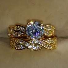 2017 New Arrival Sparkling Luxury Jewelry 18KT Yellow Gold Filled Round Cut 5A CZ Zirconia Women Wedding Bridal Ring Set Gift