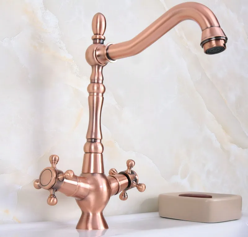 Antique Red Copper Brass Dual Cross Handles Bathroom Kitchen Basin Sink Faucet Mixer Tap Swivel Spout Deck Mounted mnf617