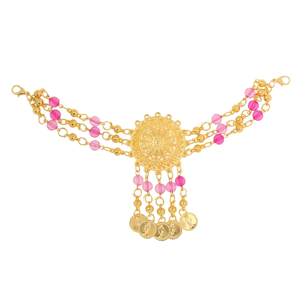Phenovo Ladies Bridal Party Costume Necklace Earrings Headpiece Hand Jewelry for Parties Belly Dancing -Rose red