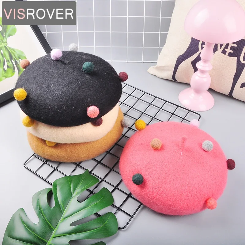 

VISROVER new brand quality autumn winter hat cotton wool warm with ball kids beret hat for girls cute lovely cap black baret