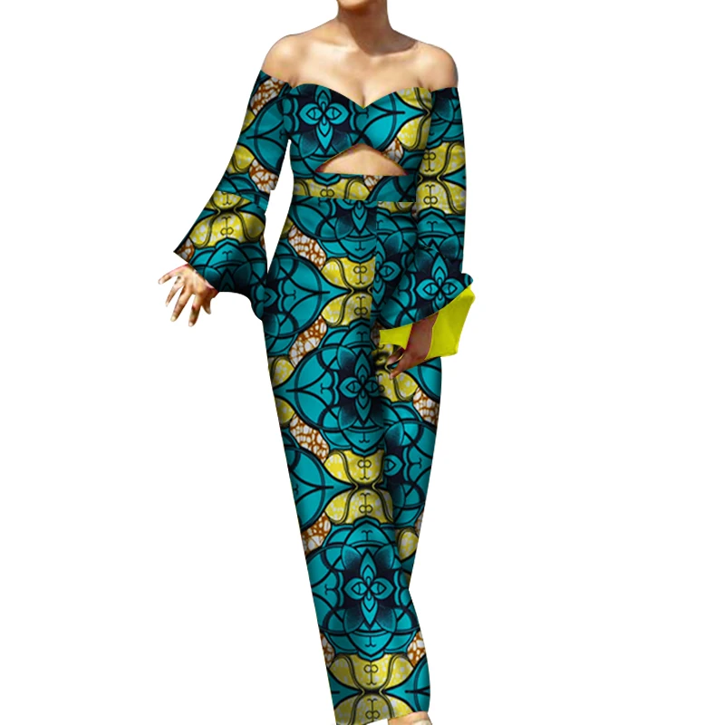 

2019 African Print Women Jumpsuit Slash-Neck Sleeveless Summer Sexy Romper Wide Leg Pant African Ladies Jumpsuits Rompers WY3189