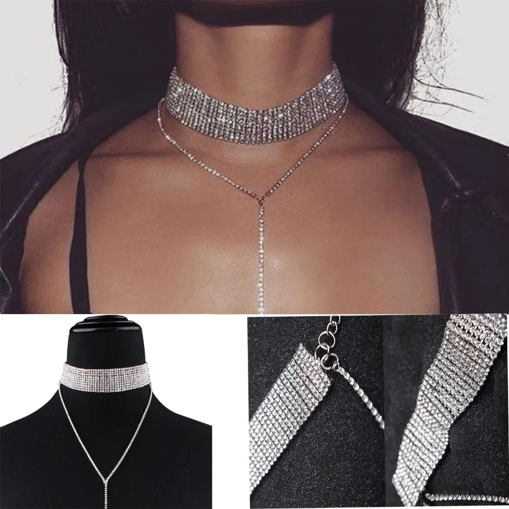 

Silver Crystal Women Chokers Necklace Chain Statement Choker Necklaces Collar Neck Jewelry For Female Gifts Rhinestone