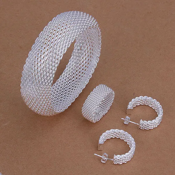 S301 silver jewelry set Nickle free antiallergic Closed Mesh Ring Earrings Bangle Jewelry Set | Украшения и аксессуары