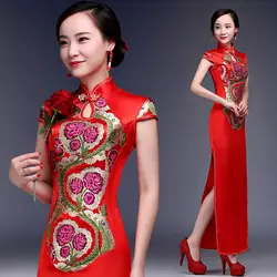 Новые летние красный китайский Cheongsam невесты свадебное Qipao вечерние платье Для Женщин Атлас длинный тонкий цветок вышивка Cheongsam размеры s m l