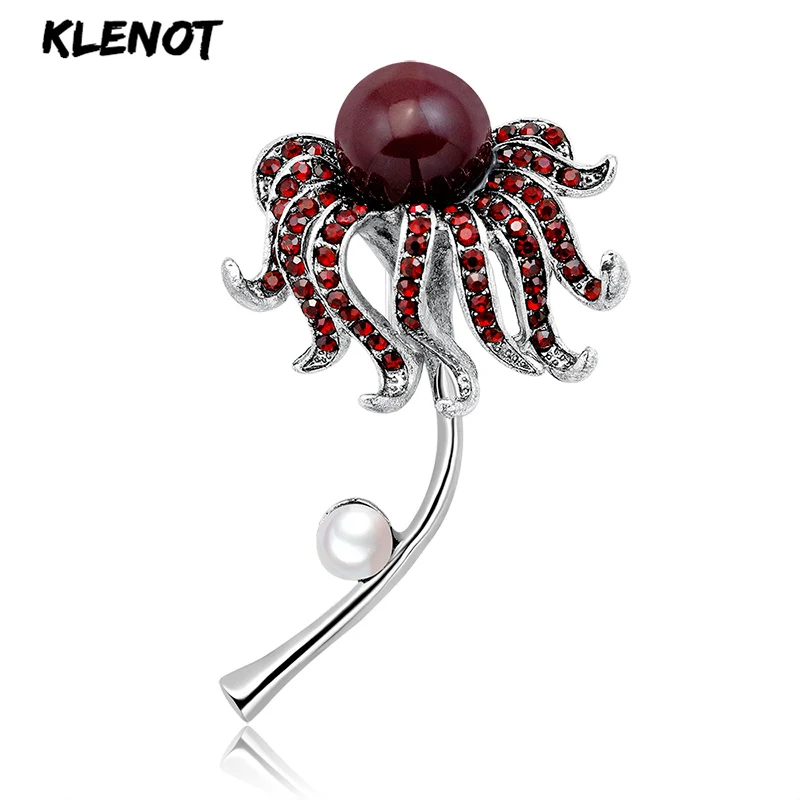 

Rhinestone Octopus Flower Pins and Brooches for Women Plant Brooch Pearl Crystal Metal Badges Natural Stone Clothes Jewelry Gift