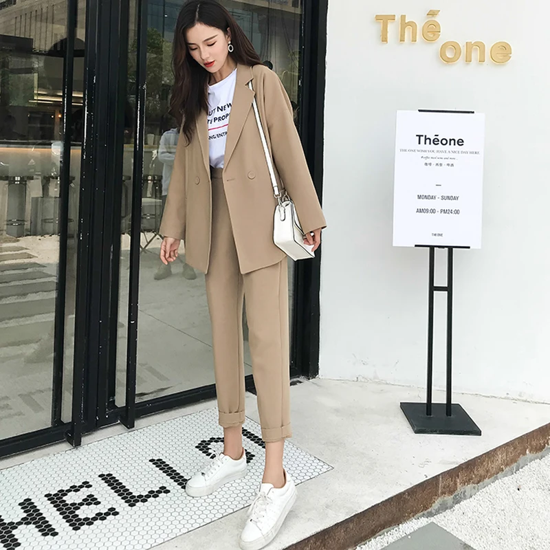 Casual Solid Women Pant Suits Notched Collar Blazer Jacket & Pencil Pant Khaki Female Suit Autumn 2019 high quality
