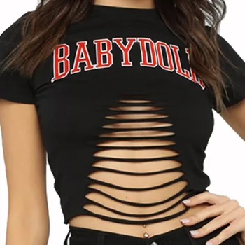 

2019 New Punk Style Fashion Girl Graphic Hollow Tees Women Red Black Print BABY DOLL Shirt Lady Sexy Bare Midriff
