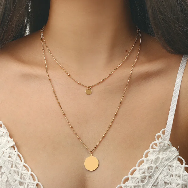 

Minimalist Jewelry Double Disc Sequins Pendant Necklace Gold Color Chain Clavicle Necklace For Women Engagement Gift