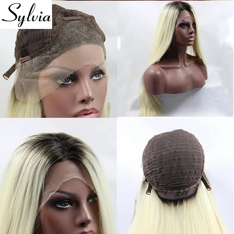Sylvia 613# шелковистые прямые синтетические парики на кружеве темные корни натуральный блонд Омбре термостойкие волокна средний пробор