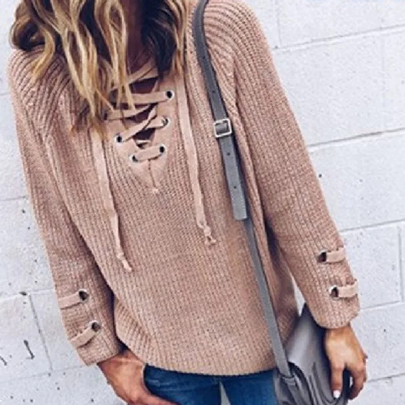

Sweater Pullovers Women Knitted Sweaters Lace-up Striped Bandage Knitwear 2019 Autumn Winter Jumpers female Long Tunic size -5XL