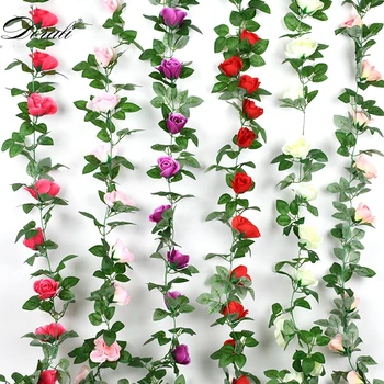 

230cm/ 91in Silk Rose Wedding Decorations Ivy Vine Artificial Flowers Arch Decor with Green Leaves Hanging Wall Garland