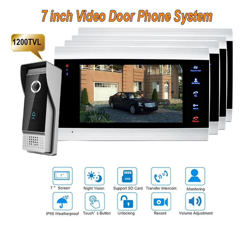 

New 7 inch 1200TVL Video Intercom System Door Phone Doorbell With IP65 wide Angle 110 degree Camera DoorPhone 1V4
