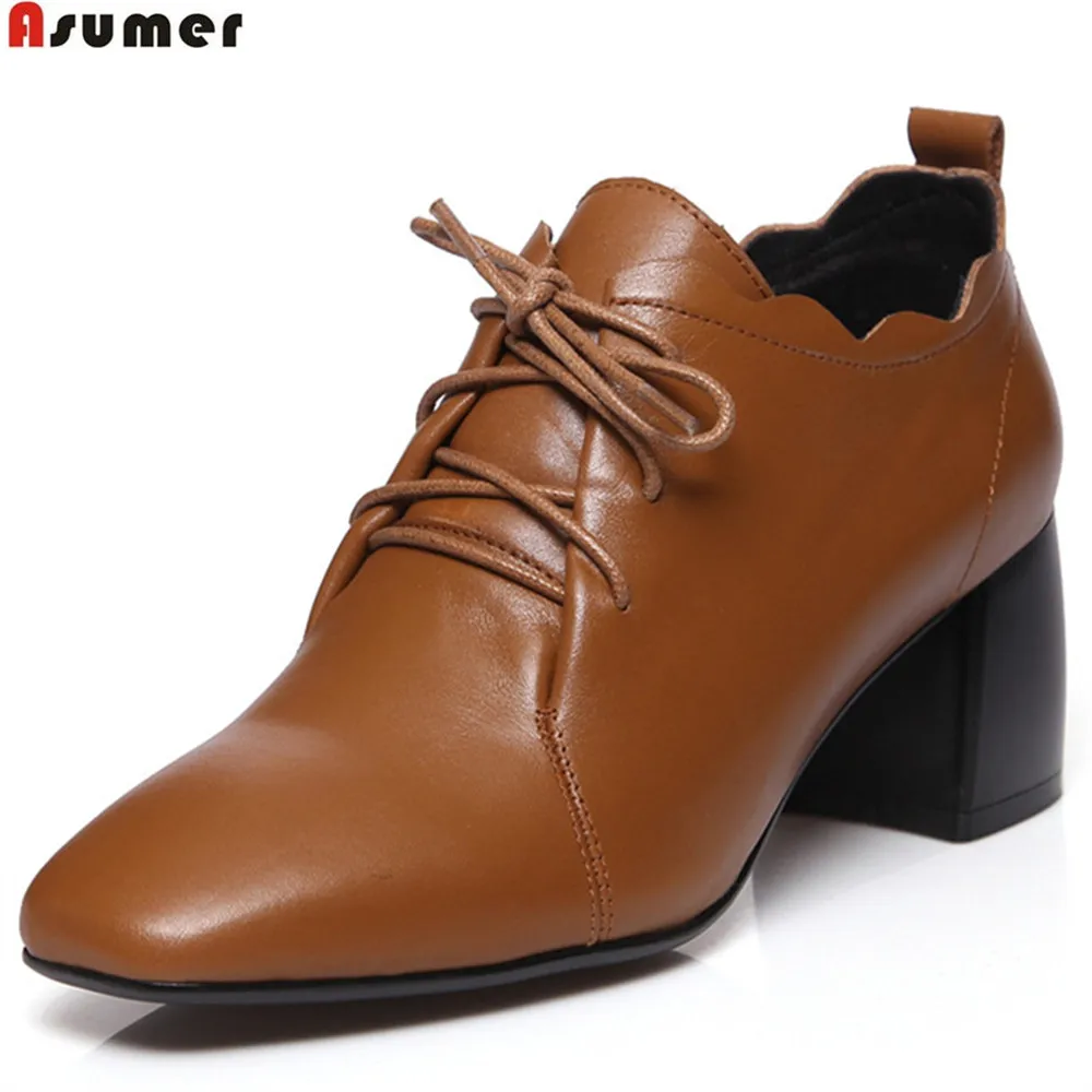 ASUMER black brown fashion spring autumn ladies pumps square toe lace up shoes woman genuine leather high heels shoes ASUMER black brown fashion spring autumn ladies pumps square toe lace up shoes woman genuine leather high heels shoes