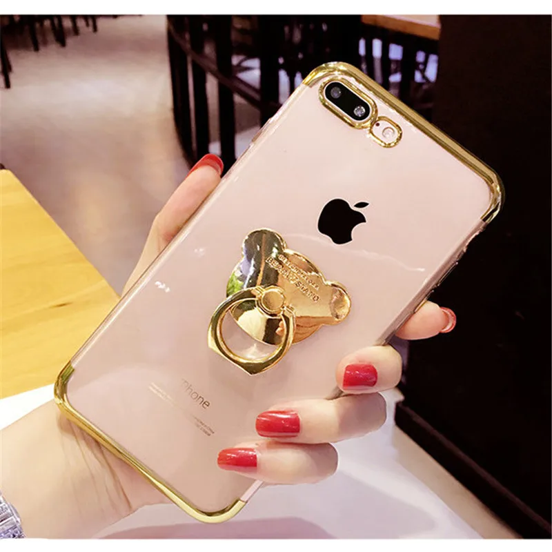 

Shine Electroplated Soft TPUMirror Cartoon Bear Stand Ring Silicone Case for iPhone 6 6S 7 PIus Cases Capa Mobile Phone Shell