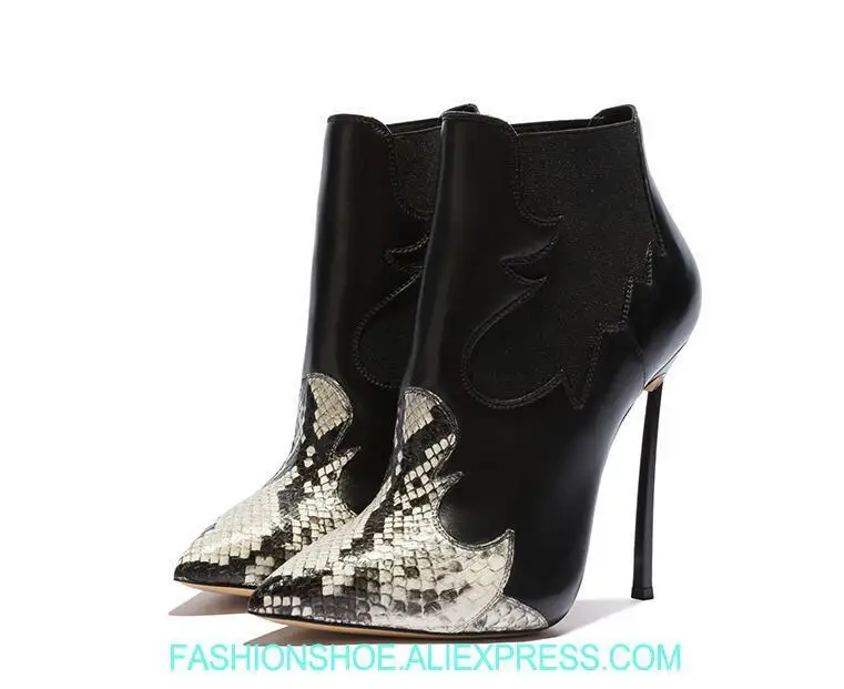 

Hot Python Leather Patchwork Women Pointy Toe Ankle Boots Sexy Metal Heel Ladies Stiletto Boots Slip On Dress Shoe Size 42