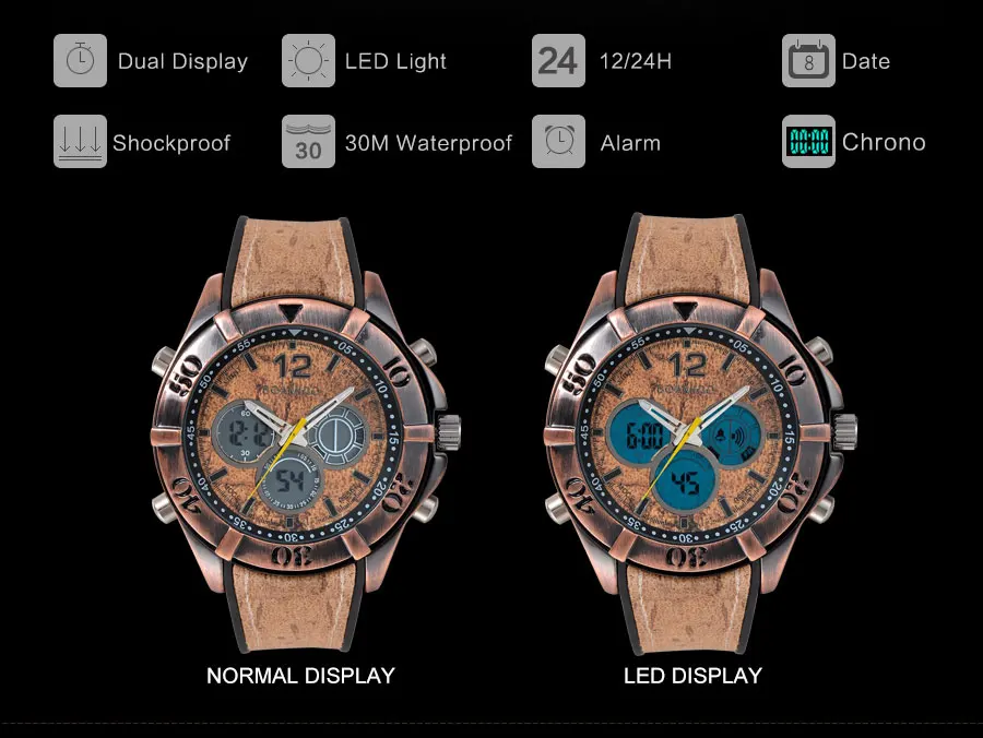 BOAMIGO Brand Vintage Punk Men's Watches Retro Wood Design Analog Digital LED Quartz Watch Waterpfoof 2 Time Zone Wristwatches (11)