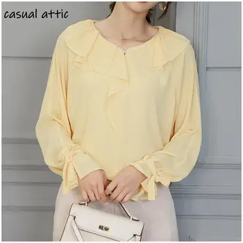 

Women Ruffles Collar Chiffon Blouse Solid Casual Office Shirts Plus Size Long Sleeve 2019 Fashion Ladies Tops Blusas Femininas