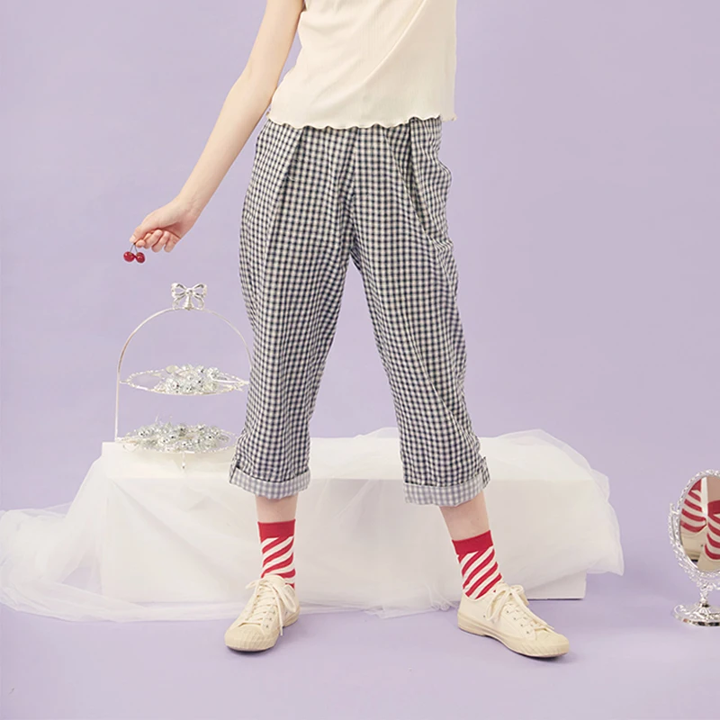 

Vintage Summer New Ladies Cotton Calf Length Pants Blue Plaid Printed Letters Embroidery Cuffs Elastic Waist Women Capris Loose
