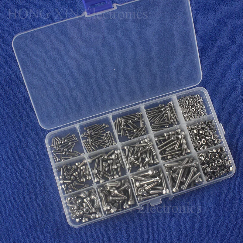 

535PCS Head Hex Socket Cap Cylinder M2/M3/M4 Screw Bolt Nut 304 Stainless Steel Assortment Kit Fastener Hardware with Box