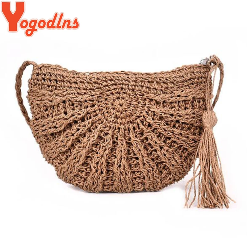 Yogodlns 2019 نصف جولة حقائب قش للنساء الصيف الشاطئ كيس الروطان اليدوية المنسوجة نصف القمر Crossbody حقائب بوهيميا