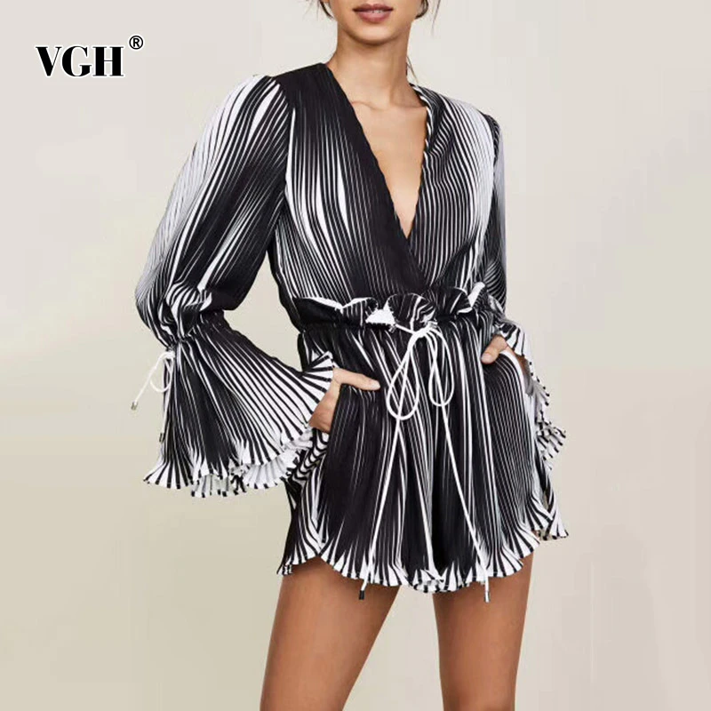 

VGH Vintage Flare Sleeve Playsuits Women V Neck Bandage Bow High Waist Loose Big Size Playsuit Female Fashion New 2019 Autumn