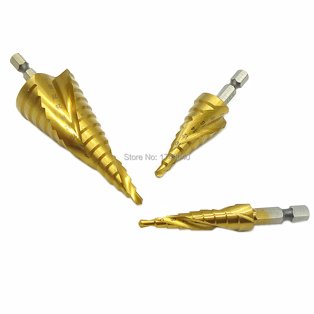 3pc Large Step Drill Bit Set 1/4" Hex Shank HSS Titanium Coated Spiral