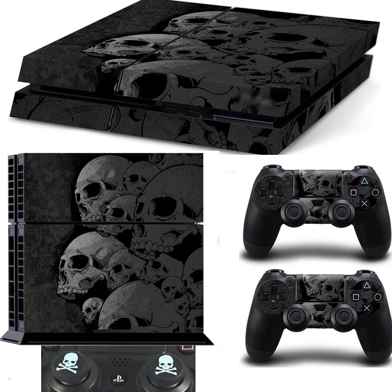 

Skull new Style Skin Sticker Film Cover For Playstation 4 PS4 Console controllers+2pcs Skull Silicone Caps for PS4 Controller