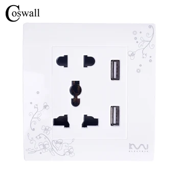 

Free Shipping COSWALL Luxury Wall Electrical Socket, Multifunction 5 hole Power Outlet with Dual USB charge port, AC 110~250V